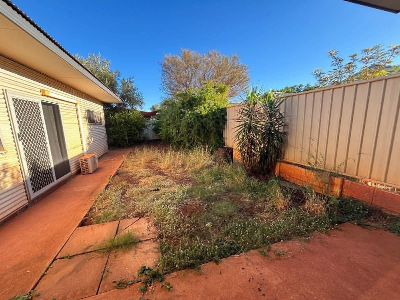 Overgrown Newman backyard full of weeds and bare red dirt before landscaping